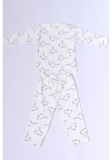 Hçm Bebek Pamuk Pijama Takımı Tenkli Baskılı Bisiklet Yaka A2 Krem