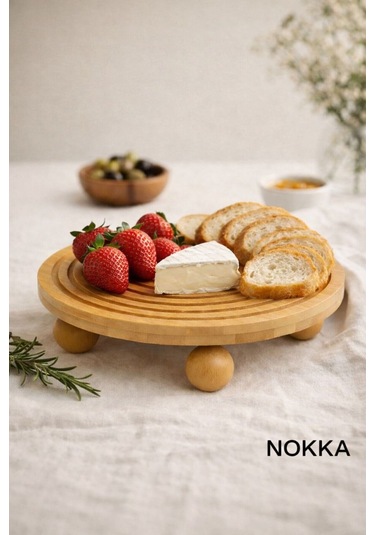 Bambu Top Ayaklı Yuvarlak Stand Çizgi Desenli Sunum Tabağı 28x28cm Renksiz