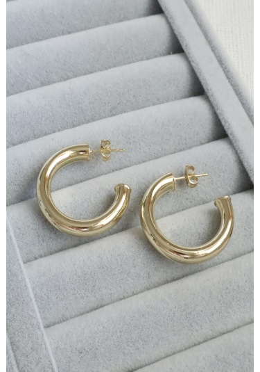 Kadın Küpe Kararmaz 14k Renk Vip Seri Tombik Boru 3cm Kesik Halka Küpe Altın