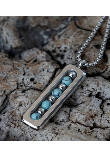 Erkek 316l Firuze Doğal Taşlı Turkuaz Çelik Kolye 9134 Gümüş