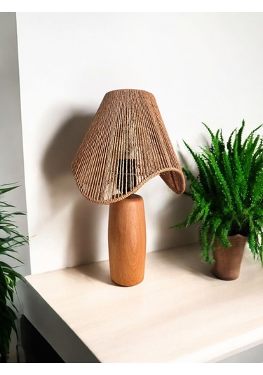 Hasır El Yapımı Bohem Asimetrik Şekilli Ahşap Ayaklı Rustik Abajur - Kahverengi Kahverengi
