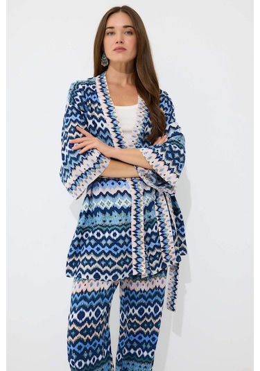 DeFacto Relax Fit Desenli Kuşaklı Kimono D5443AX25SPIN59 İndigo