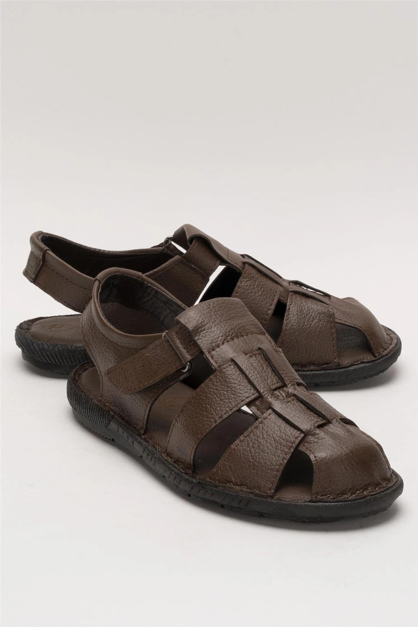 Erkek Hakiki Deri Yazlık Hafif Günlük Ayakkabı Sandalet Kahverengi Kahverengi
