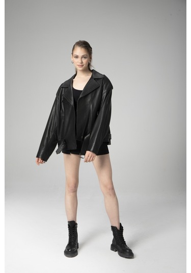 Siyah Dericlub Wm031 Jumbo Oversize Biker Gerçek Deri Unisex Mont