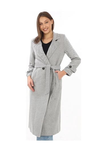 Kadın Balık Sırtı Kaşe Kaban Uzun Boy Kruvaze Yaka Kuşaklı Astarlı Kışlık Tesettür Kaban, Yünlü Do Gri