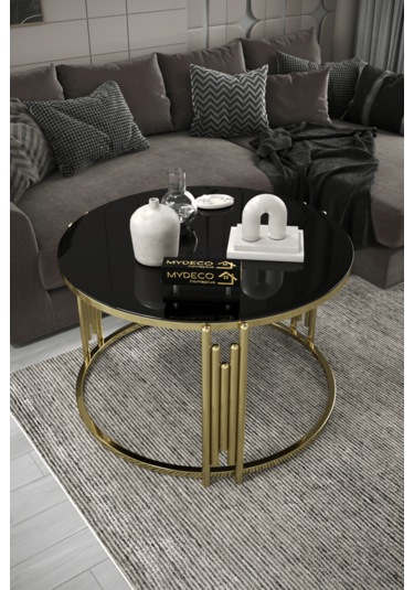 Piyano Tekli Orta Sehpa Gold Ayak Siyah Ayna