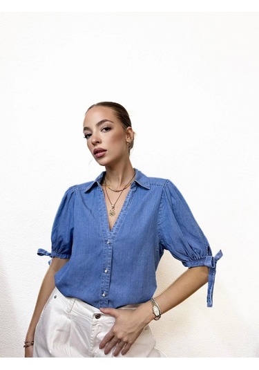 V Yaka Denim Kot Gömlek Mavi