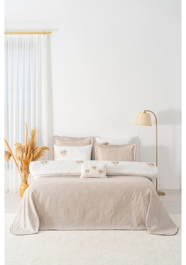 Palmiye Vizon Nakışlı Çift Kişilik Nevresimli Pike Seti - 8 Parça Çeyiz Seti Vizon