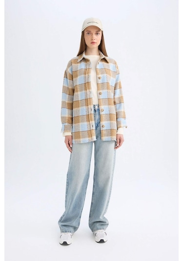 Defacto Relax Fit Gömlek Yaka Kareli Flanel Uzun Kollu Gömlek Tunik D4774AX24AUBE409 Mavi