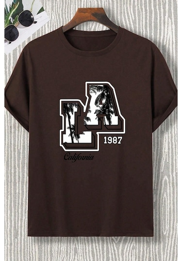 Erkek La California 1987 Baskılı Oversize Tshirt Kahverengi