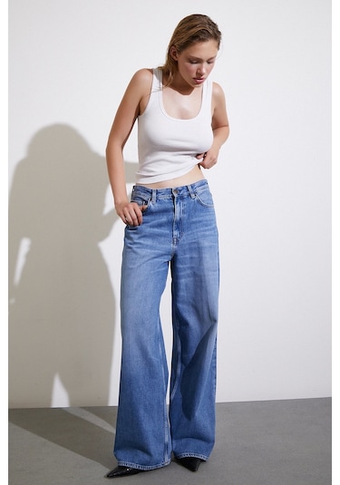 Never More Yüksek Bel Baggy Jean Mavi