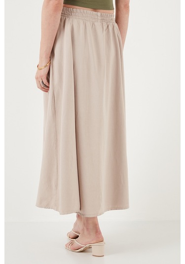 Lela Modest Pamuk Ve Keten Karışımlı Yüksek Bel Cepli Uzun Kiloş Tesettür Bayan Etek 668Yp4443 Taş