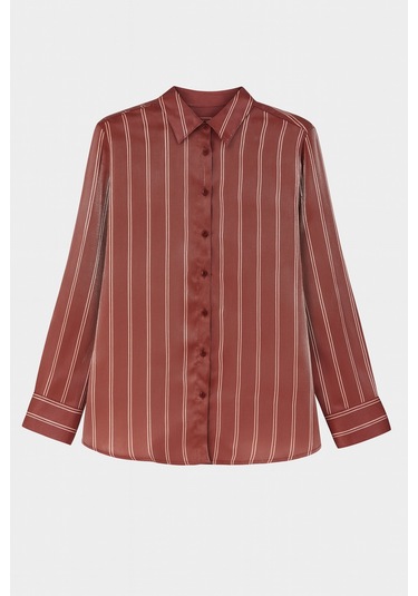 4594 Kadın Çizgili Saten Gömlek Bordo Bordo