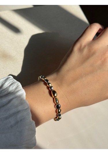 Çift Renk Taş Formlu Kadın Çelik Bileklik Altın & Gümüş Detaylı Altın