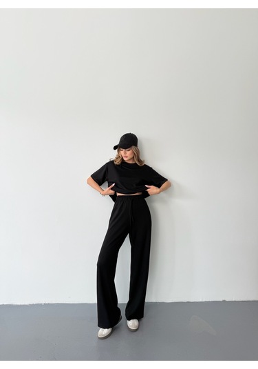 Kadın Modal Kısa Kolu Soft Touch Spor Takım Siyah