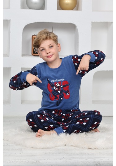 Yeni Sezon Sonbahar/kış Erkek Çocuk Skate 8 Desenli Polar Pijama Takımı 4536 Mavi