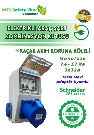 7.4 Kw 3/32 A Schneider Tesla Mavi Adaptör Uyumlu Seyyar Elektrikli Araç Şarj Cihazı İstasyonu Kombinasyon Panosu Kutusu 7kw 7,4 KW