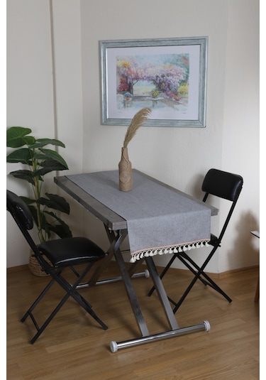 Dnc Home Tekstil Ndchome Keten Gri Antrasit Şeritli Ponpon Runner 150 X 45 Antrasit