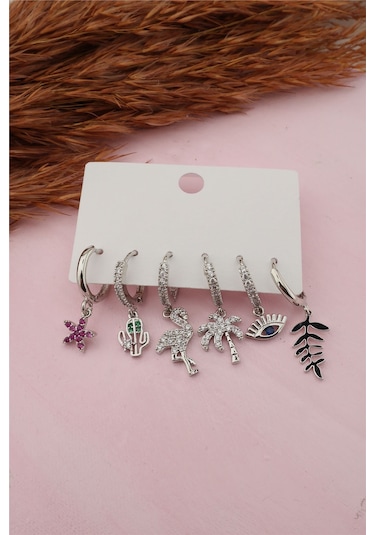 Kadın Altın Kaplama Zirkon Işleme Çiçekli 6 Lı Küpe Seti Gümüş-M