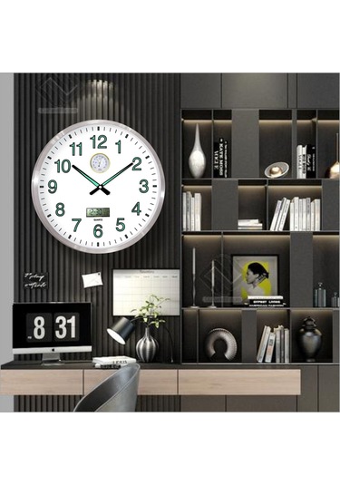 Basınç Isı Sıcaklık Ölçerli Tarih Göstergeli Fosforlu Duvar Saati Gümüş - Beyaz