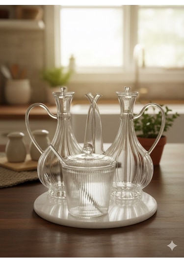 Morponi Cam Yağlık Ve Tuzluk Seti Mermer Altlıklı Şık Sunum 3'lü Set Glorry Çizgili Tasarım Şeffaf