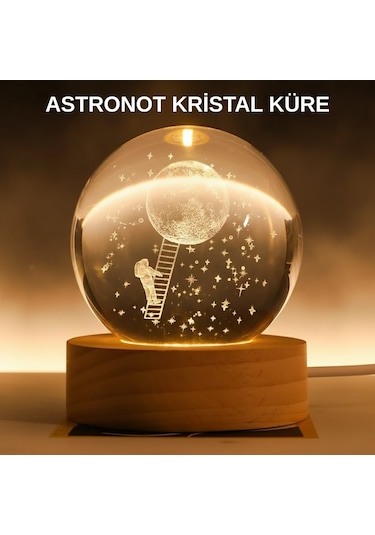 3d Astronot Kristal Küre Gece Lambası Usb Ahşap Standlı Dekoratif Işık