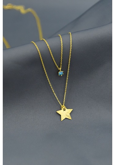 925 Ayar Gümüş Altın Kaplama Tektaş ve Yıldız Asansör Kolye UVPS102287