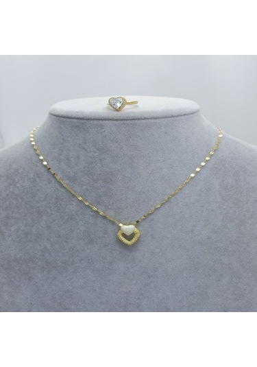 Yeni Sezon 22 Ayar Altın Kaplama Singapur Zincir'li Kalp'li Beyaz Taş'lı Kadın Kolye Yüzük Seti Gold