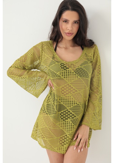 Kolları Volanlı Elbise Haki