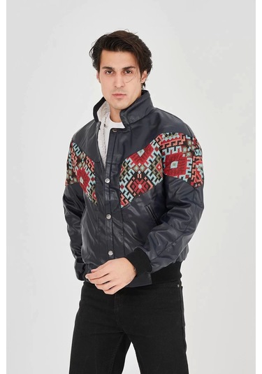 Erkek İçi Astarlı İçten Yaka Kısmı Peluşlu Suni Kumaş Vintage Ceket - Lacivert Lacivert