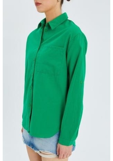 9942 Kadın Oxford Uzun Kol Basic Gömlek Yeşil Yeşil