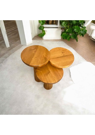 Modern Ahşap Mantar Sehpa 3 Lü Set Tik Ağacı Renk Masif Fiskos