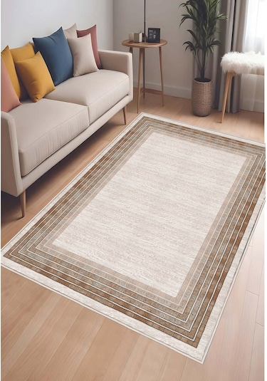 Krem Dijital Baskı Salon Halısı Kaymaz Tabanlı Yıkanabilir Halı Yolluk 527 Krem
