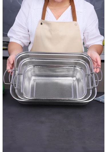Olla Gümüş Paslanmaz Çelik Kevgir Karıştırma Kasesi Salata Makarna Sebze Meyve Süzgeç 35x27 Cm Gümüş