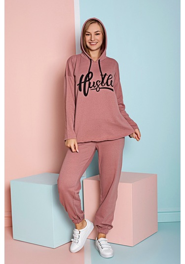 Mevsimlik Kapşonlu Kadın Eşofman Takımımı - Sportif Kadın Giyim Pudra