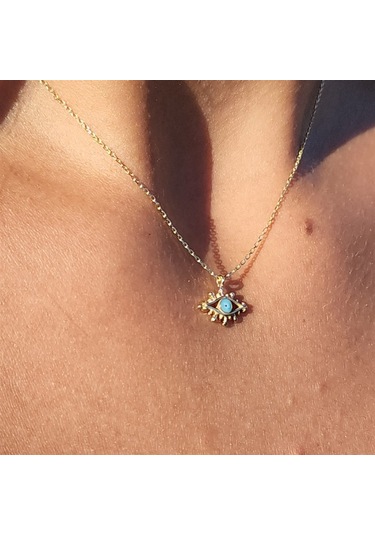 Tasarım Kirpik Nazar Boncuğu Firuze Mineli Göz Tasarım Stil Modern 14 Ayar Altın Kolye- Altın Kolye