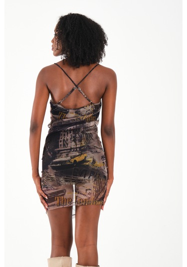 Çapraz Askılı Tül Elbise Yeşil - Çok Renkli