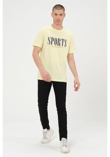 Erkek Sarı Basic T-shirt Baskılı Slim Fit %100 Pamuk Tişört Sarı