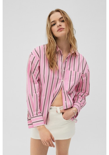 Grimelange Grımelange Mırel Kadın Oversize Fit %100 Organik Pamuklu Pembe Çizgili Gömlek