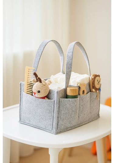 Yunusoğlu Home Gri Keçe Anne Bebek Bakım Çantası Krem Yenidoğan İçin Organizer Düzenleyici Gri