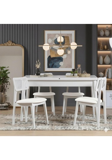 Marel 4 Kişilik Açılır Yemek Masası Takımı Modern Ve Şık Tasarım Beyaz Beyaz