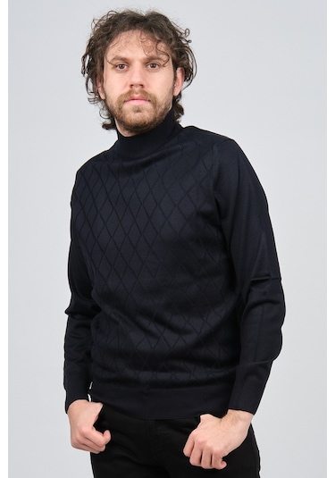 Pave Erkek Yarım Balıkçı Baklava Desenli Yün Kazak 4537220 Lacive Lacivert