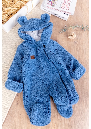 Kapüşonlu Kendinden Eldivenli Welsoft Kışlık Kız/erkek Bebek Tulum mavi