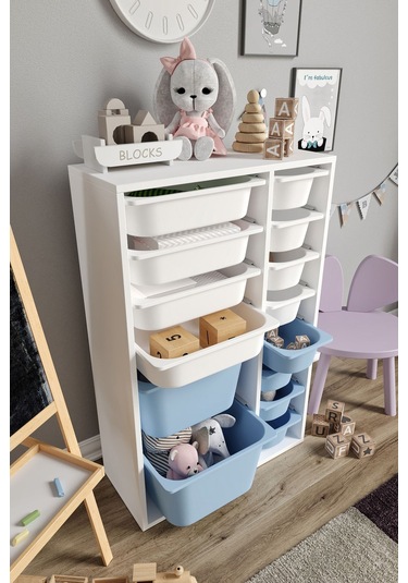 %100 Mdf - Large Duo 14 Sepetli Oyuncak Dolabı Mavi