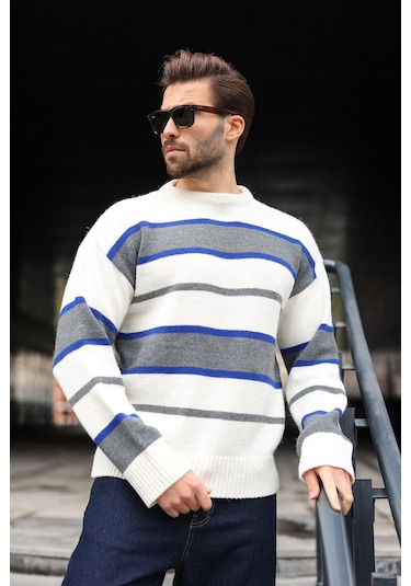 Kemik Rengi Çizgili Bisiklet Yaka Triko Erkek Kazak E7455 Kemik Rengi