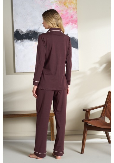 Kadın Interlok Penye Uzun Kol Pijama Takımı 3106 Kahverengi Kahverengi