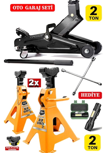 2000kg Kapasiteli Tekerlkli Kriko X2 Çift Sehpa Tip + Bijon Seti