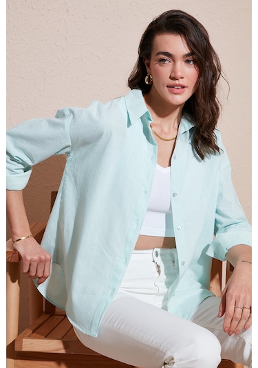 Lela Pamuklu Regular Fit Uzun Kollu Düz Bayan Gömlek Cf25S168305 Mint