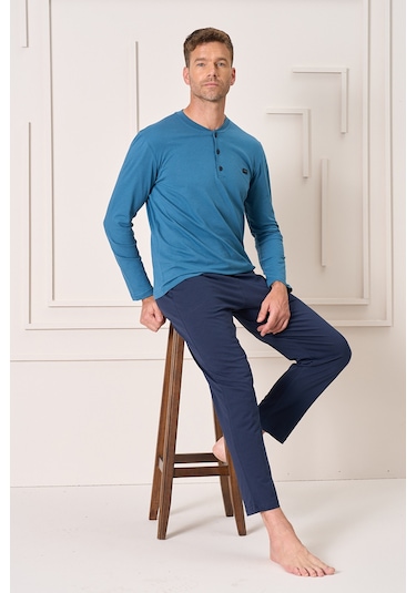 Erkek Pamuk Uzun Kol Pijama Takımı 4106 Petrol Petrol