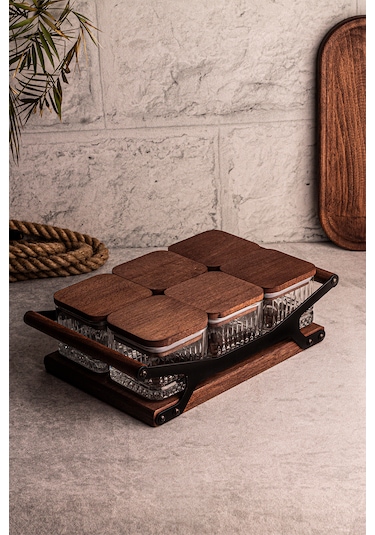 Snippy Grade Bella Kare 6'lı Ahşap Tepsili Cam Kahvaltılık Ahşap - Şeffaf